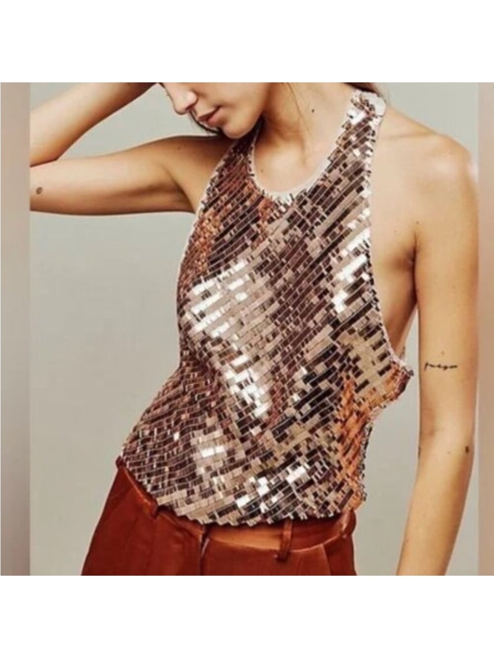 Free People! FP Intimately Disco Fever Sequin Cami In Champagne NWOT!